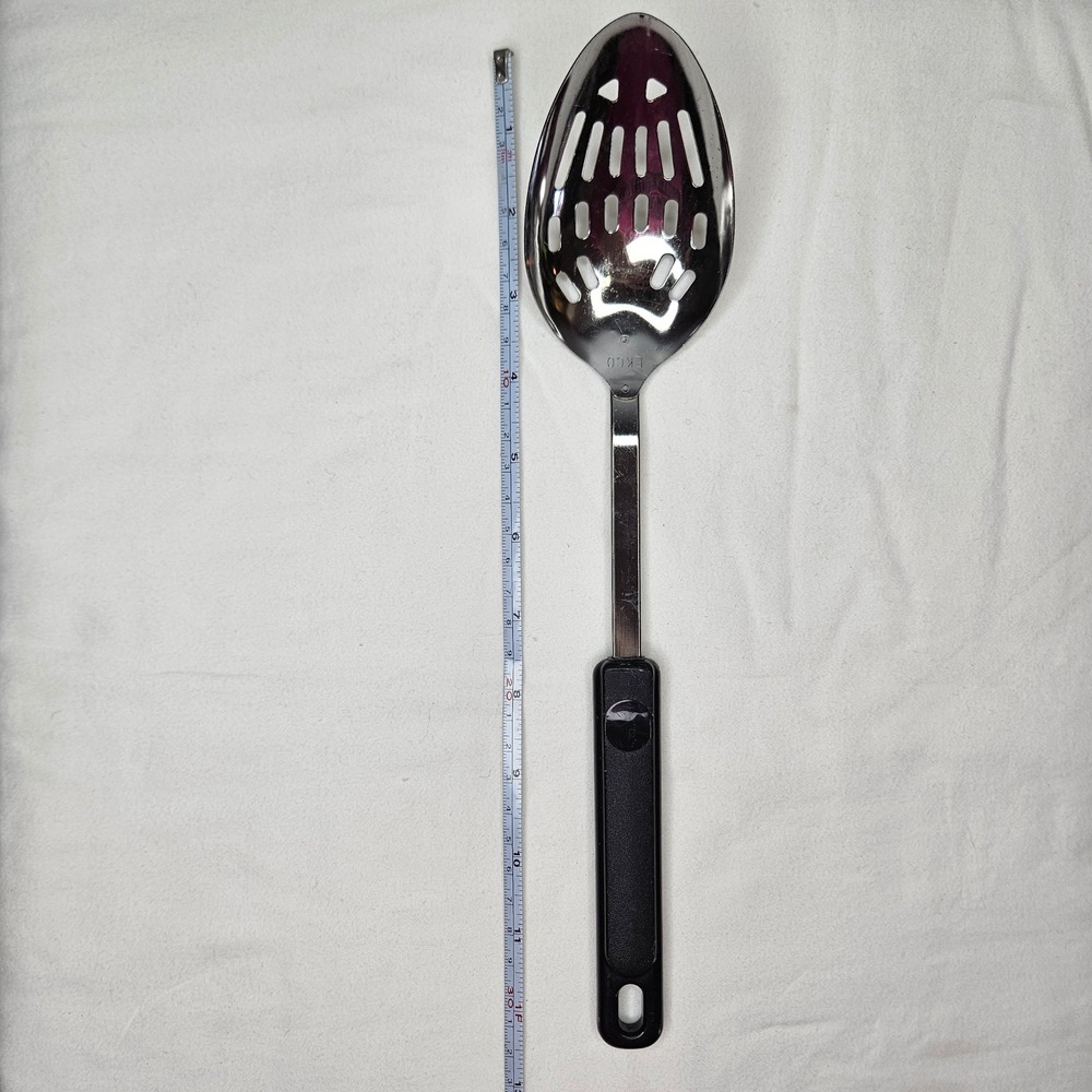EKCO Slotted Spoon Stainless Steel Black Plastic Handle 12" Kitchen‎ Utensil Vtg
